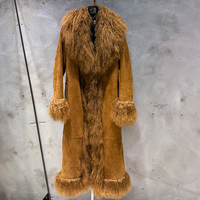 Manteau long en cuir pour femme, chaud pour l'hiver, avec garniture en fourrure naturelle de mouton bouclé de Mongolie