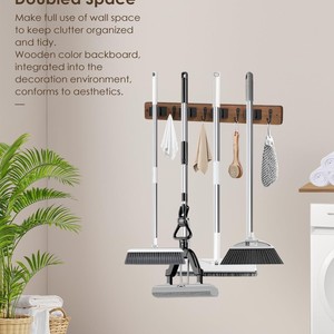 Support mural en bois de 43 cm avec crochets sans perçage pour balais, serpillères et portes de salle de bain - Product Image 3