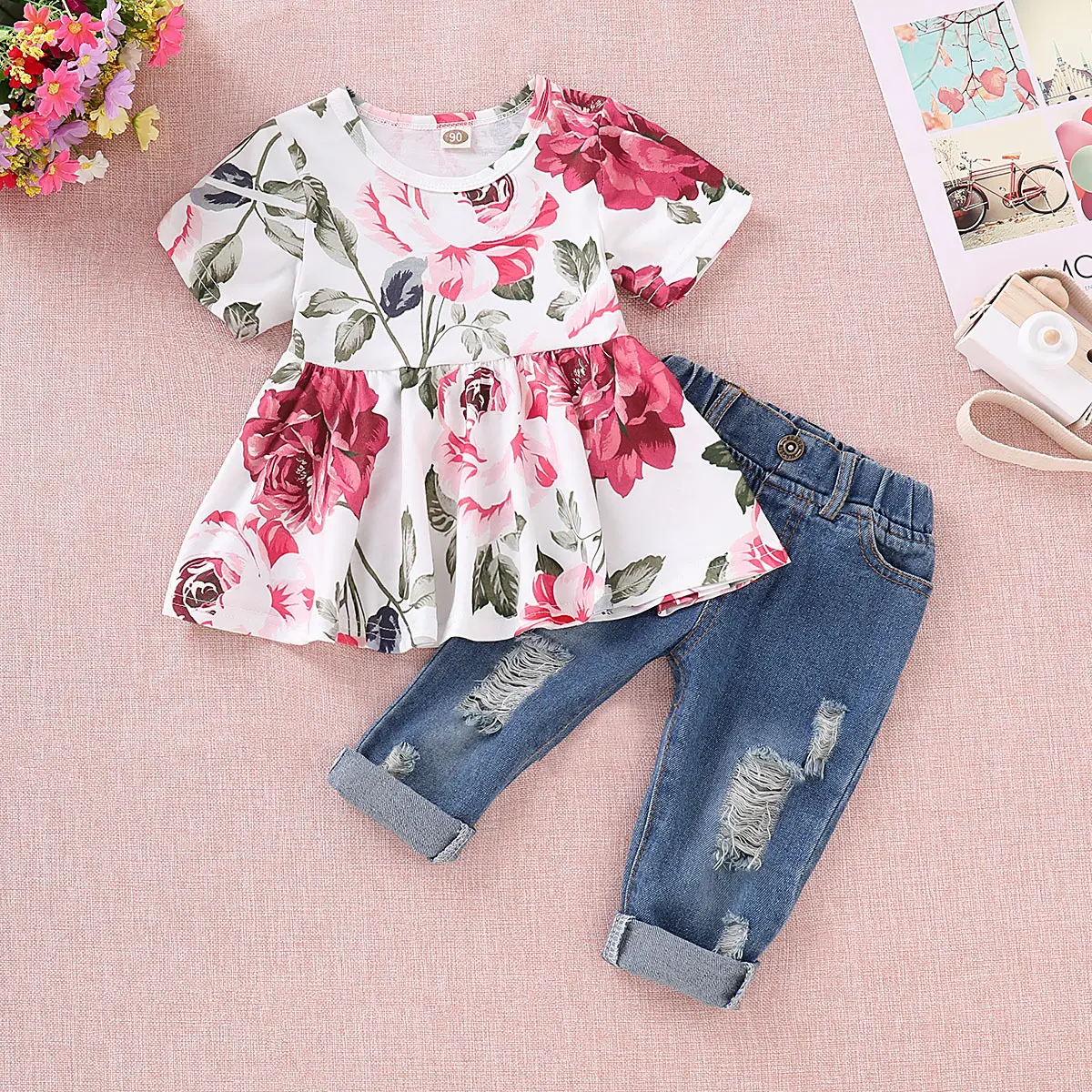 Hot sale 2021 Summer Popular Fashion baby Girls Print ruffle Tops ripped jeans denim Trousers Clothing sets