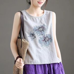 Cotton Linen Camisole Vest For Women Pink Artistic Floral Print Loose Fit Summer Top Breathable Outerwear <b>Base</b> <b>Layer</b> - Product Image 5