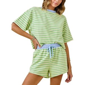 Ensemble de salon rayé 2 pièces vert clair à manches courtes, tenue décontractée d'été pour femmes, tissu tricoté respirant - Product Image 1