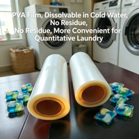 Film plastique soluble dans l'eau Siker PVA pour capsules de lessive, épaisseur 75-100 µm, taille personnalisée, rouleaux d'emballage de 500 m de longueur