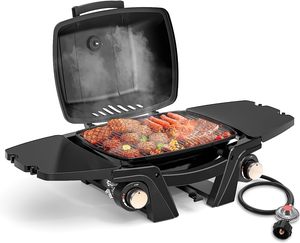 Certified Premium Portable 2-Burner <strong>Propane</strong> BBQ Grill with Removable Side Tables Cast Iron <strong>Griddle</strong> Outdoor <strong>Camping</strong> &amp; RV Cooking - Product Image 1