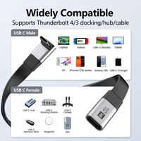 Cable de Extensión USB-C Plano Multifuncional de Cobre con Diseño en Ángulo Recto; 80 Gbps de Alta Velocidad, Compatible con USB4 Thunderbolt 3/4; 240 W