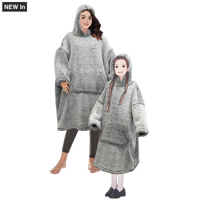 Latest design bottom printed sherpa fleece hoodie blanket oversize wearable blanket for adult and kids