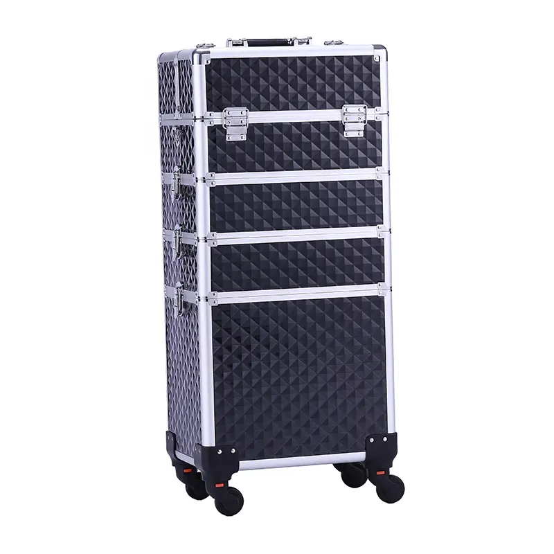 Schwarz Professional Beauty Box Verschiedene Designs Von Aluminium 4 in1 Roll Make-Up Trolley Zug Fall Kosmetische Box