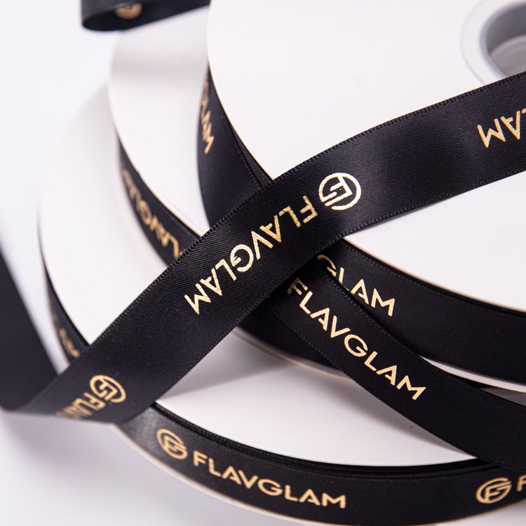 Factory Custom Personalised Grosgrain Velvet Ribbon Brand Name Logo Black Satin Ribbon Tape With Gold Foil Printed Logo Image 5