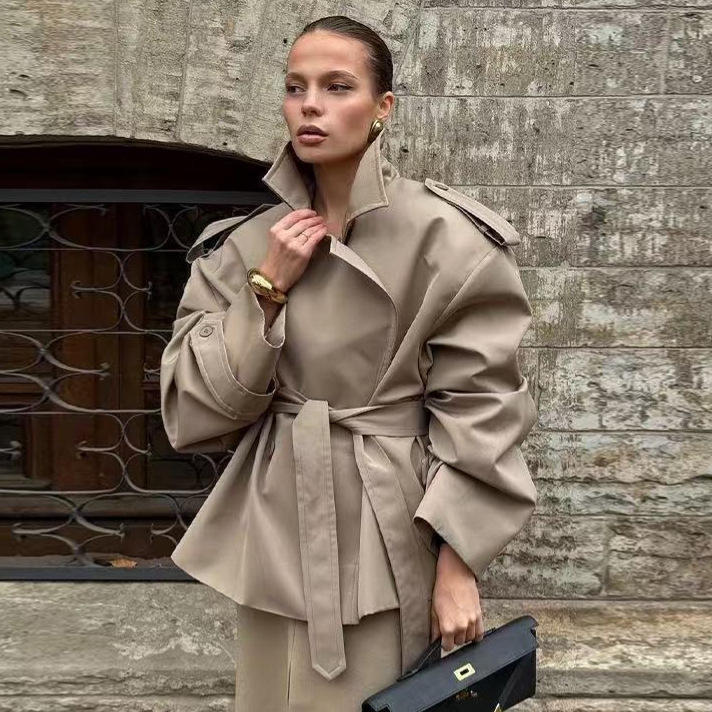 Khaki Trench Coat Stylish Long Women's Outerwear - Main Image