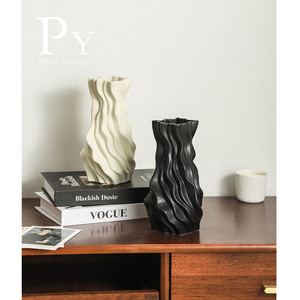 Vase en céramique plissé Style nordique moderne arrangement de fleurs PY-138 de roche orientale vague carrée table écologique de haut niveau - Product Image 3