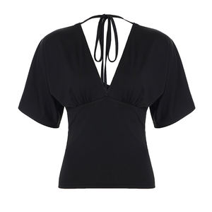 Camiseta de Verano Transpirable con Encaje y Estampado Digital, Cuello en V, Tejida, de Manga 1/2, Color Sólido, Blusa Casual Elegante para Mujer - Product Image 6