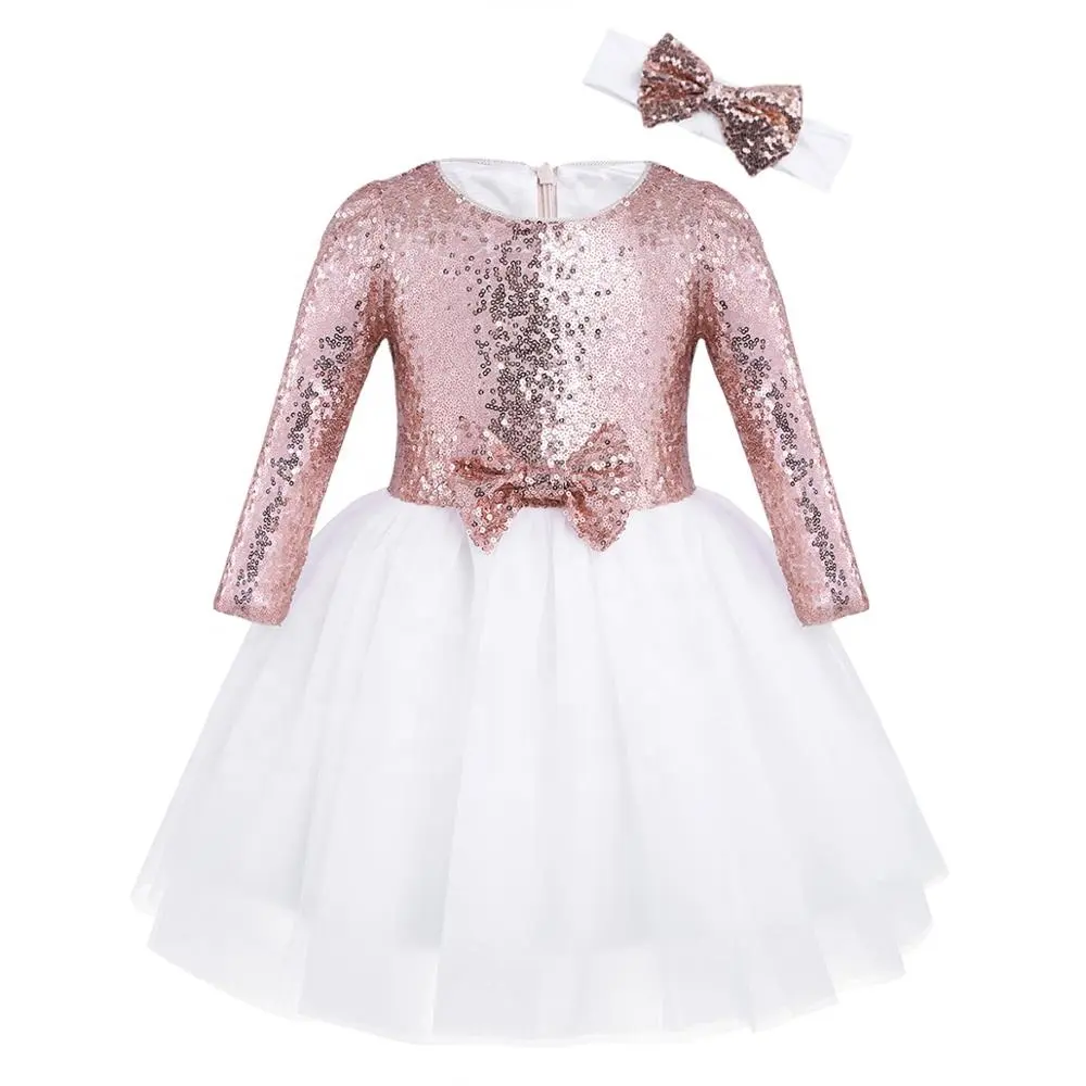 Girls Mesh Sequined Long Sleeves Flower Girl Dress Kids Princess Pageant Wedding Bridesmaid Birthday Party Dresses with Headband