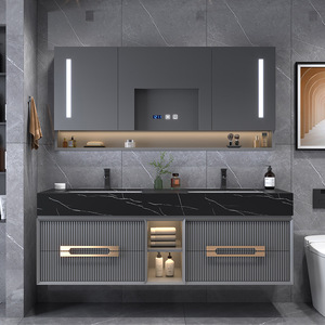Meuble de salle de bain moderne en ardoise, simple, monobloc, lavabo en bois massif, style luxe léger, salle de bain intelligente haut de gamme - Product Image 6