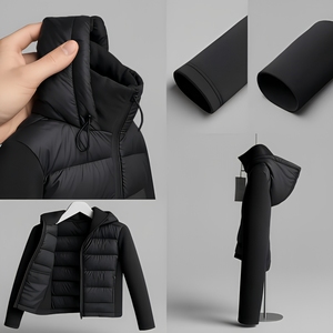 Veste matelassée unisexe noire à capuche zippée, manteau d'hiver décontracté, coupe régulière, polyester, coupe-vent, design slim, coupe régulière - Product Image 5