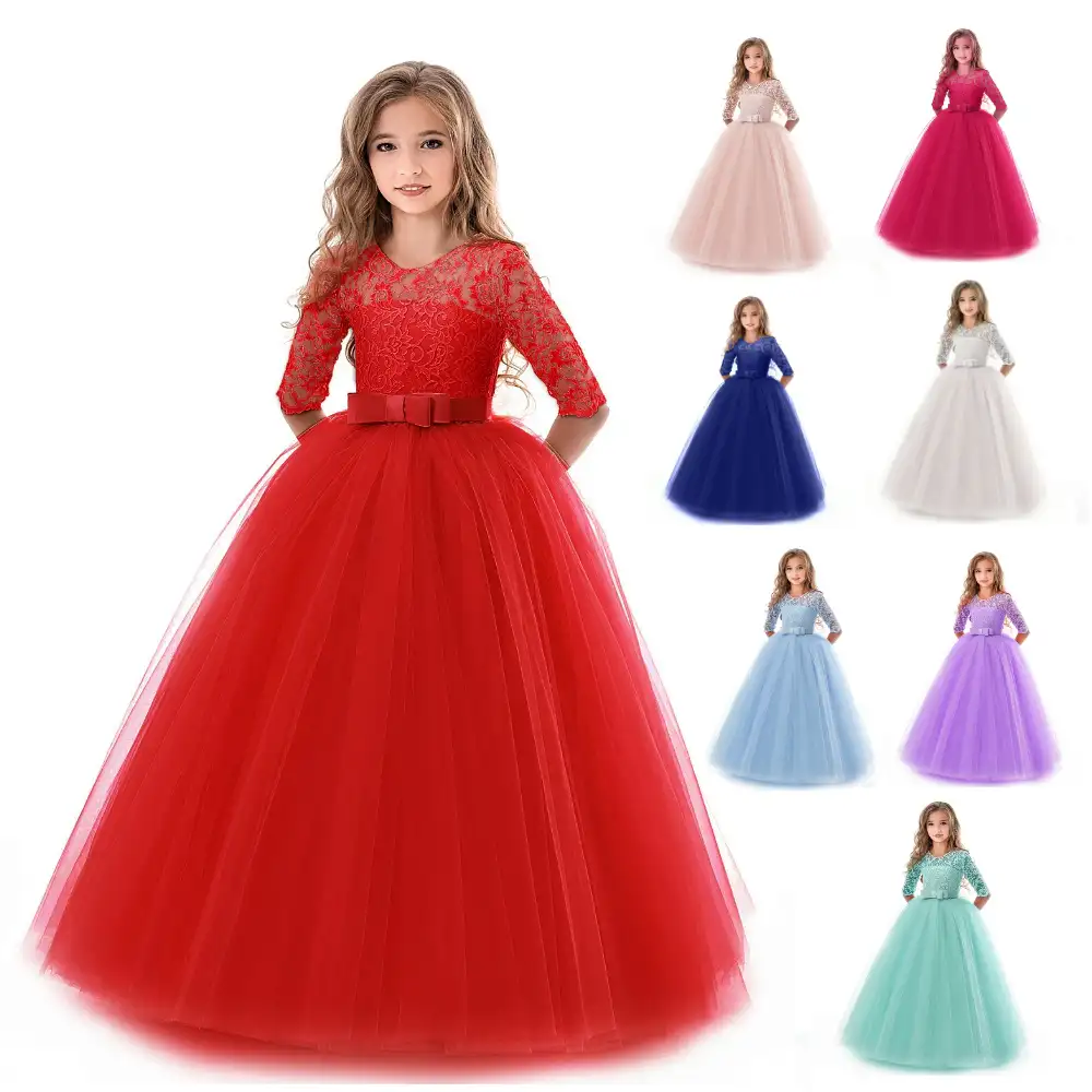 2019 latest hollow design bow Amazon hot sale fashion elegant red gowns children frock little kids long party lace girl dress