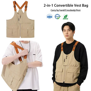 Gilet de pêche multifonctionnel convertible en sac à bandoulière, respirant, léger, couleur unie, polyester, collection Printemps 2026, pour homme - Product Image 1