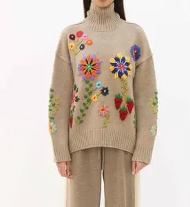 Suéteres de lana de Cachemira para mujer, suéter de cuello alto personalizado con bordado de flores, moda de invierno