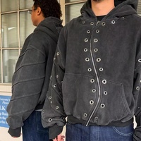 Sweat à capuche zippé noir pour homme, personnalisé OEM, en tissu épais délavé à l'acide, avec œillets métalliques, style punk gothique streetwear, coupe oversize