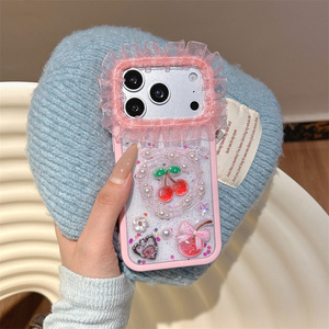 เคสโทรศัพท์มือถือลายลูกไม้กลิตเตอร์ประดับโบว์เชอร์รี่สำหรับ iPhone 17 16 15 14 Pro Max พร้อมดอกไม้ประดับกล้อง ลูกปัดเรซิ่น DIY ชาร์มตกแต่งฝาหลัง - Product Image 3