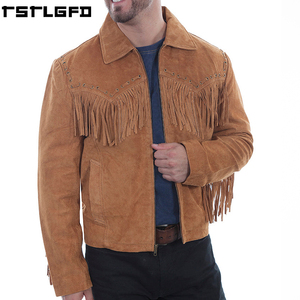 Oem Odm Western <b>Suede</b> Fringe <b>Jacket</b> <b>Men</b> Tan Leather Lace Yoke Windbreaker Streetwear Outerwear Manufacturers Bulk - Product Image 3