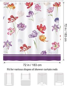 Cortina de Ducha con Diseño de Tulipanes <span class=keywords><strong>en</strong></span> <span class=keywords><strong>Acuarela</strong></span>, 72x72 Pulgadas, Impermeable, Resistente al Moho, Tela de Poliéster, con 12 Ganchos - Product Image 6