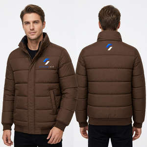 Men's Brown Puffer <b>Jacket</b> Stand Collar Zipper Closure Windproof Insulated Casual Winter 100% Polyester Material - Product Image 1