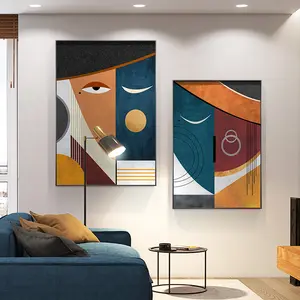 Lukisan Kanvas Geometris Abstrak, Garis Modern Berwarna-warni Wajah Abu-abu Biru Oranye, Seni Dinding untuk Ruang Tamu Rumah