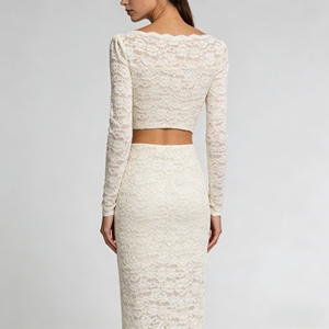 <span class=keywords><strong>Conjunto</strong></span> de <span class=keywords><strong>Dos</strong></span> <span class=keywords><strong>Piezas</strong></span> Elegante y Casual para <span class=keywords><strong>Mujer</strong></span>, Top Corto de Manga Larga con Encaje Color Marfil y Falda Midi Ajustada, Ideal para Invitadas de Boda - Product Image 3