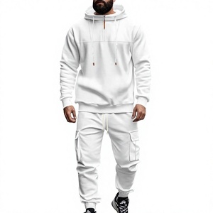 Unisex <b>White</b> Hooded 2 1 Heavyweight <b>Tracksuit</b> Full Length Drawstring Sweatshirt Jogger Pants Solid Color Casual Wear Breathable - Product Image 4