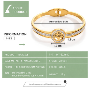 Brazalete con Motivo de Árbol y Circonitas, Acero Inoxidable y Circonitas, Baño de Oro de 14K al Vacío - Product Image 3
