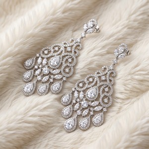 Boucles d'oreilles pendantes en argent plaqué vintage, filigrane, multi-zirconiums cubiques, style chandelier, pour mariage, bijoux pour femmes, OEM/ODM - Product Image 3