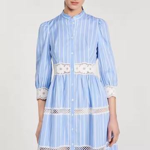 Nuevo Vestido de Otoño con Logotipo Personalizado, Vestido de Negocios con Cuello Redondo y Botones, Vestido de Lino y Algodón con Encaje Floral para Mujer - Product Image 3