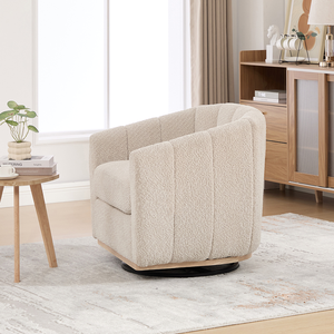 Modern Chenille Cushioned Wood Legs 360 Swivel Chair Upholstered Barrel Tufted Soft Pumpkin-Shape Club <b>Armchair</b> Home Office - Product Image 3