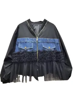 Zhuoyang mantel Denim wanita, jaket Denim perempuan, mantel pendek ramping ukuran besar, longgar industri berat 2024