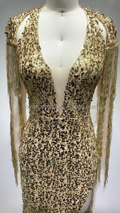 Novance Product 2022 Shiny Golden strass frange High <span class=keywords><strong>Fashion</strong></span> <span class=keywords><strong>Luxury</strong></span> Dress <span class=keywords><strong>abiti</strong></span> da Cocktail <span class=keywords><strong>abiti</strong></span> da sera Sexy con spacco - Product Image 6