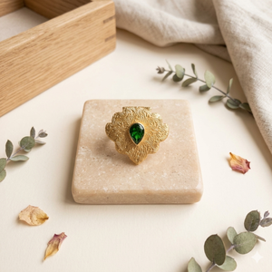 Large Gold Flower <b>Statement</b> <b>Ring</b> - Emerald Green Center Floral - Indian Style Boho Cocktail - Product Image 3