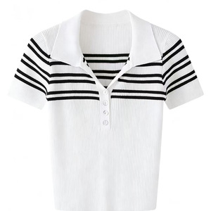 Polo en tricot rayé pour femme, manches courtes, noir et blanc, respirant, coupe ajustée, haut décontracté - Product Image 1