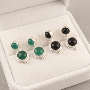 Hip Hop Jewelry Black Onyx and Green Onyx Round Gemstone Drop <b>Earrings</b> Brass Silver Plated Vintage Fashion <b>Earring</b> for Gift - Product Image 5