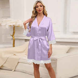 Bata de Dormir de Satén con Encaje para Mujer, Primavera y Verano, Ropa de Casa, Pijama de Seda Artificial - Product Image 4