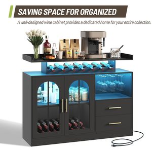 Meuble Bar Moderne <span class=keywords><strong>Noir</strong></span> avec Éclairage LED, Portes en Verre Cintrées, Casier à Vin et Buffet de Rangement pour Bar à Domicile ou Salle à Manger - Product Image 1