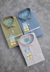 Chemises en twill de coton pour hommes avec un motif géométrique fin, en bleu olive et beige, manches longues, vêtements décontractés à la mode - Product Image 2