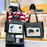 Tas Ransel Kanvas Grosir Desain Baru Wanita Kapasitas Besar 5-in-1 Set Siswi Lucu Boneka Plush Tas Ransel Dompet