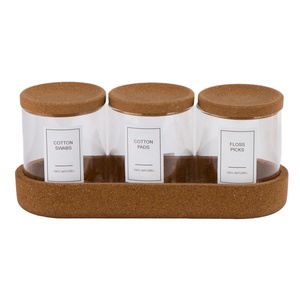 ชุดโหลแก้วบอโรซิลิเกต3ชิ้นพร้อมฝาไม้ก๊อกและถาดไม้ก๊อกสำหรับแผ่นผ้าฝ้ายไหมขัดฟันปิ๊ก Q-Tips - Product Image 4