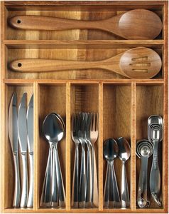 Organizador de Cajones Extra Profundo de Madera de Acacia con 7 Compartimentos, Bandeja Expandible Ecológica para Utensilios de Cocina - Product Image 1