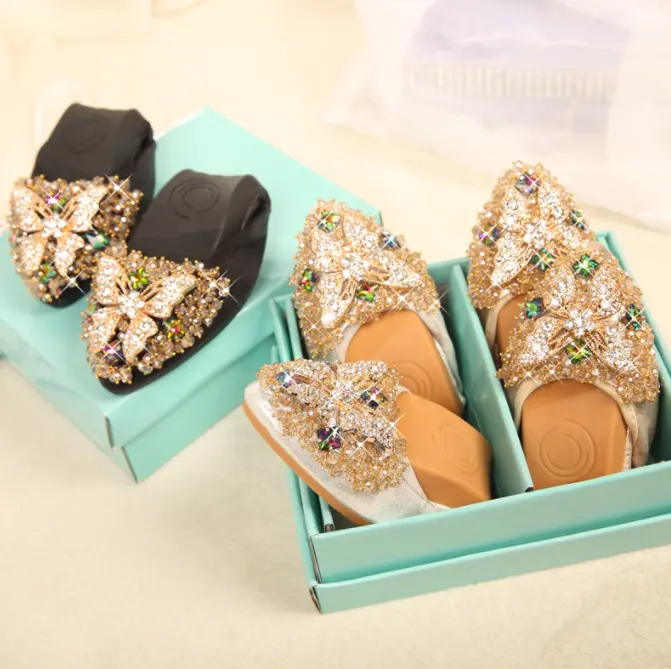 Women's Rhinestone Foldable Ballet Shoes Pointed Toe Pumps Flat