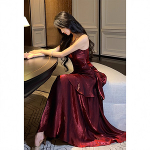 Mermaid Style Red Prom Dress Spaghetti Strap Ruffles Natural Waistline Elegant Coming Of Age Ceremony Banquet Party Attire - Product Image 4