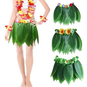 Юбка в виде листьев Hula, юбка в виде Гавайских листьев, юбка из зеленой травы с искусственными гибискусами и цветами для пляжа, товары для вечеринок