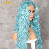 Water Wave Wig Sintetis Panjang Renda Depan, Rambut Palsu Biru Muda untuk Pesta Wanita Tarik Cosplay Ratu Hadiah Suhu Tinggi Harian Pernikahan