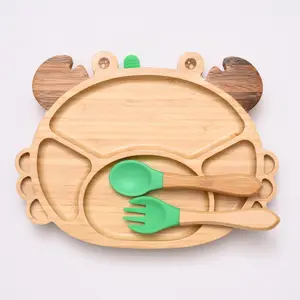 Wooden Animal Shape Engraved Food Tray for Kids Burlywood Fruit Serving Tray with Silicone Fork and Spoon