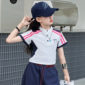 Set di Abbigliamento per Bambine Estate 2026: <span class=keywords><strong>Polo</strong></span> a Righe <span class=keywords><strong>Bianca</strong></span> e Rosa + Pantaloni Larghi Blu Navy, Completo 2 Pezzi - Product Image 2