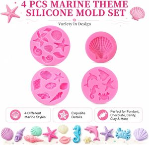 Round <b>Silicone</b> Cake Mold with Sea Creatures 5-Piece Set for Fondant Chocolate Polymer Clay Crafting Easy Demoulding - Product Image 3